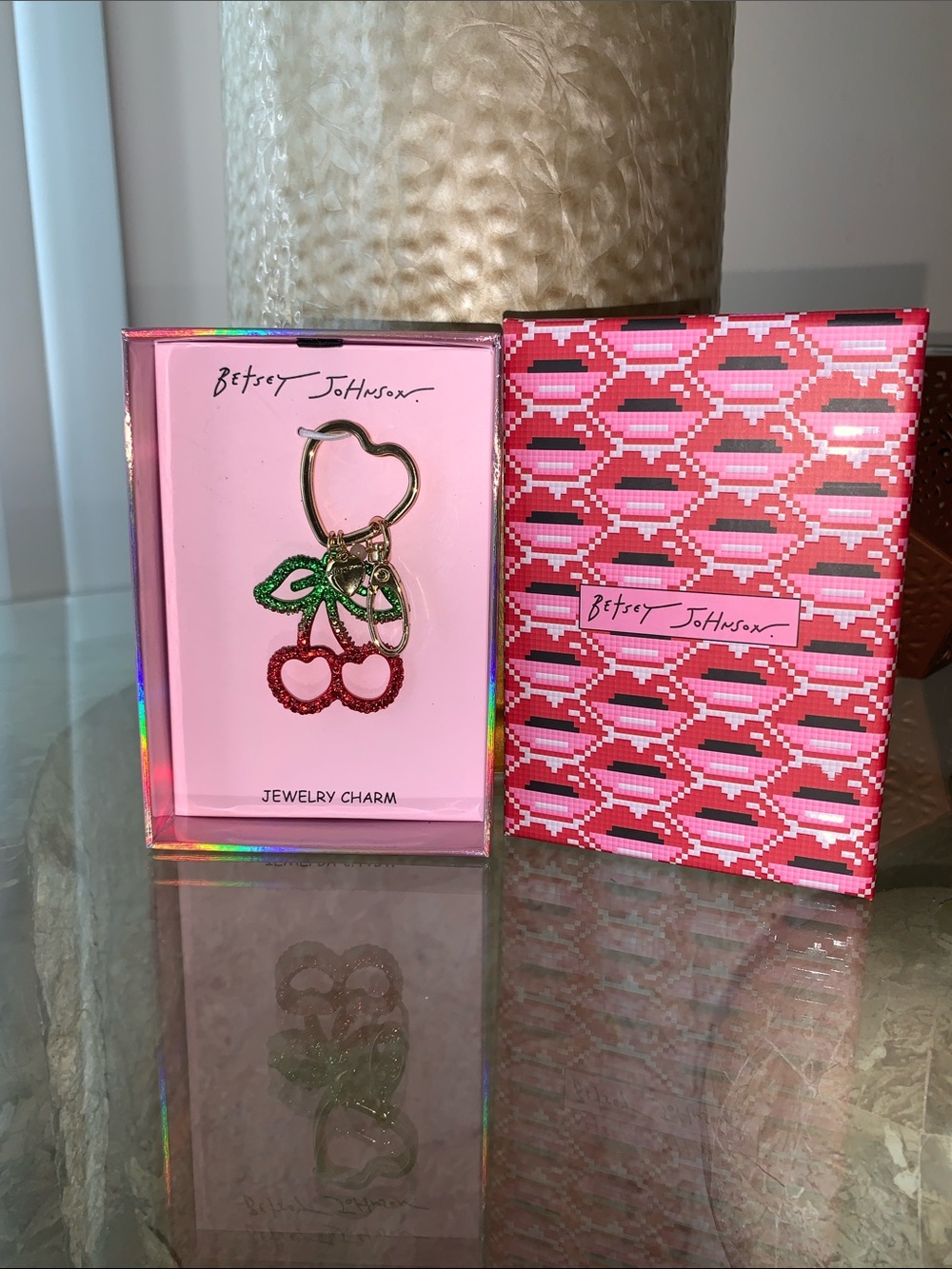 Betsey Johnson Red Ombre Open Frame Cherry Bag Charm Key Ring